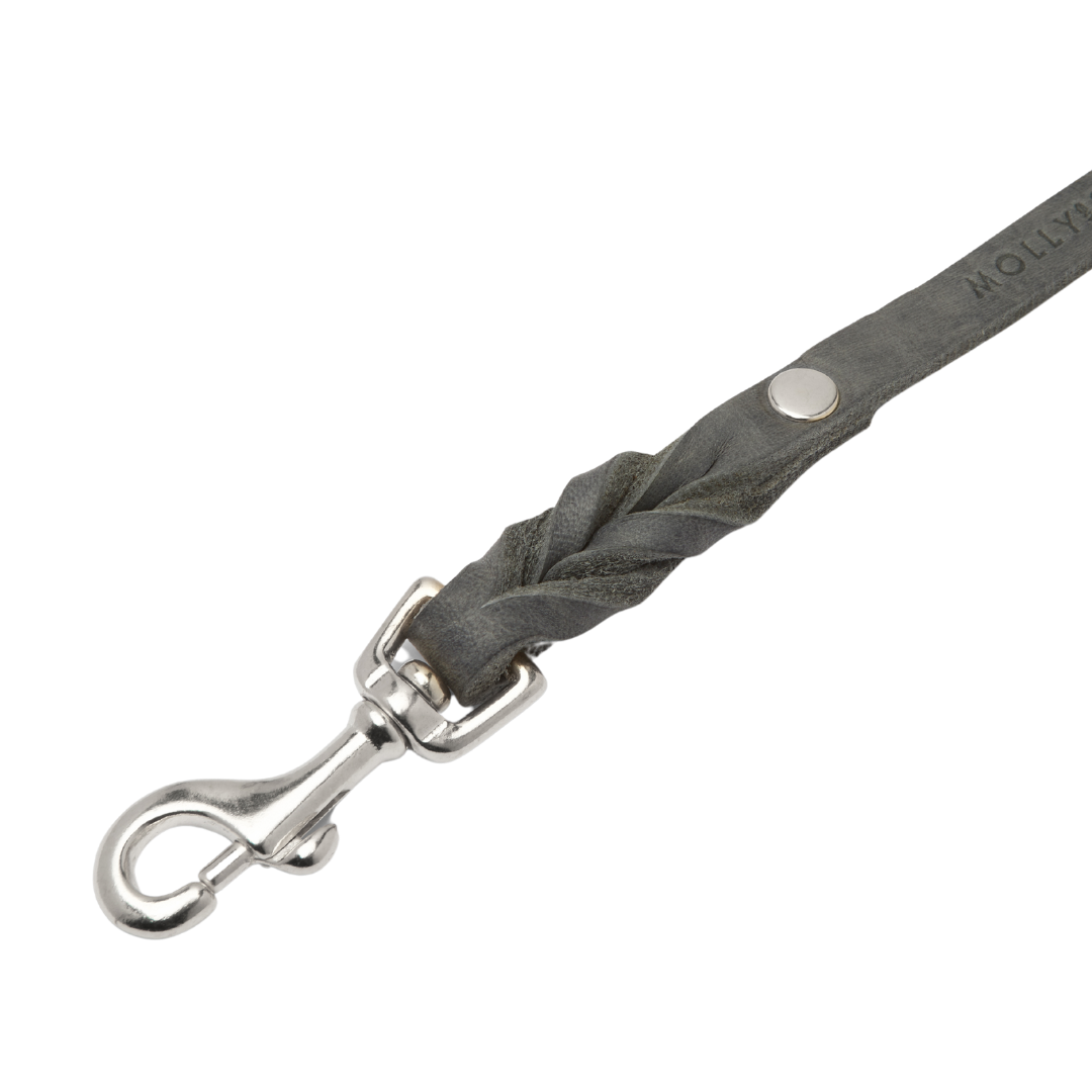 Grey leather handcrafted leash with adjustable length, solid steel clasps, and a clip-on handle