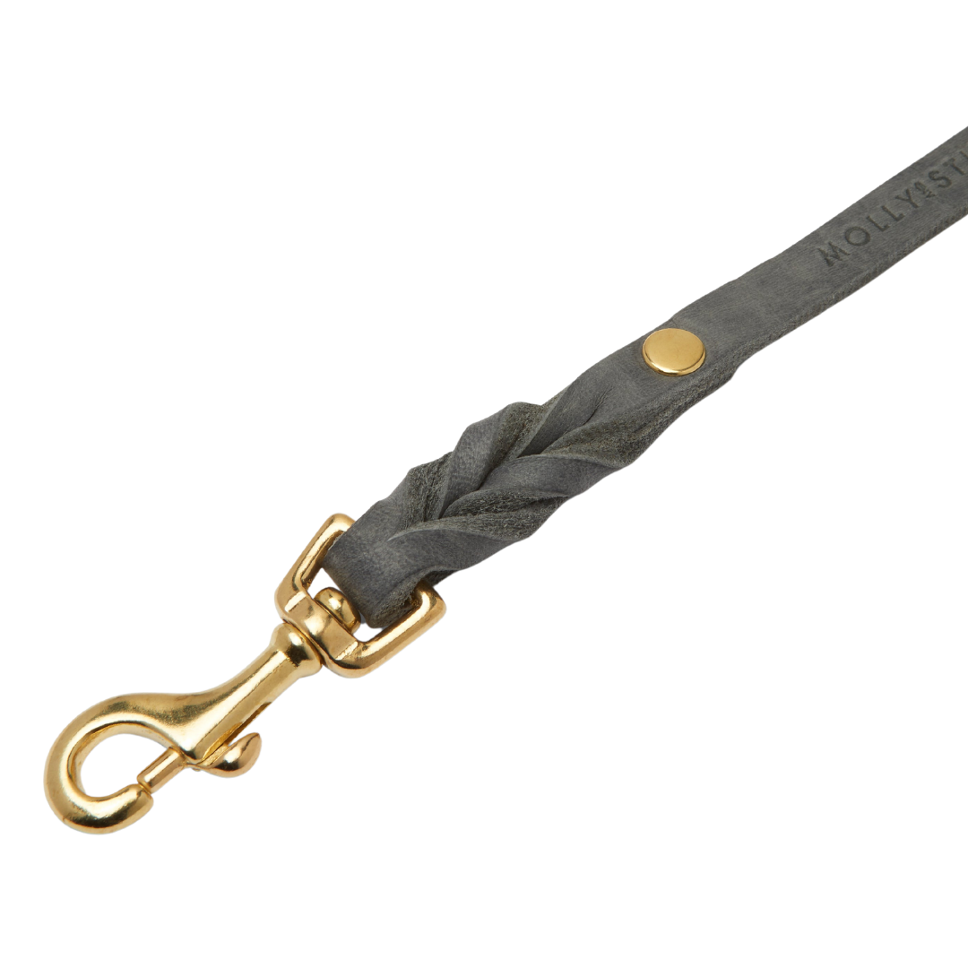 Grey leather handcrafted leash with adjustable length, solid steel clasps, and a clip-on handle