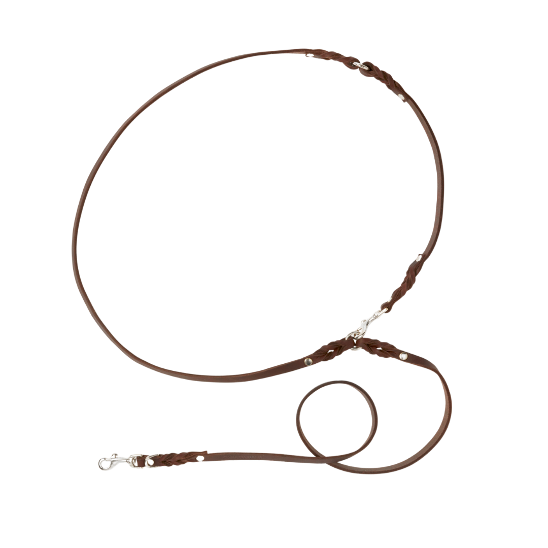 Luxurious Classic Brown leather leash with solid brass/silver clasp hardware and elegant braided detailing