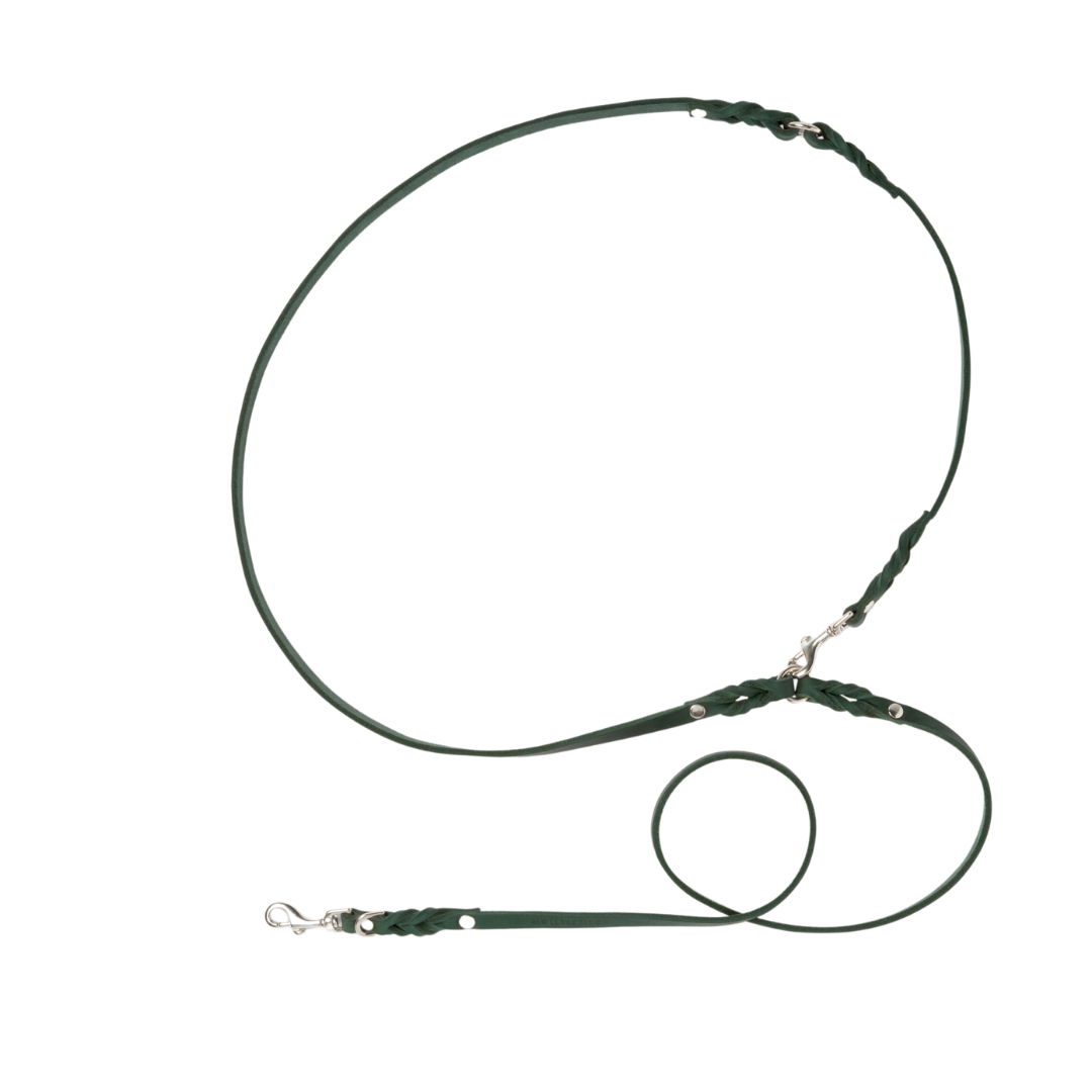 Luxurious Forest Green leather leash with solid brass hardware and elegant braided detailing