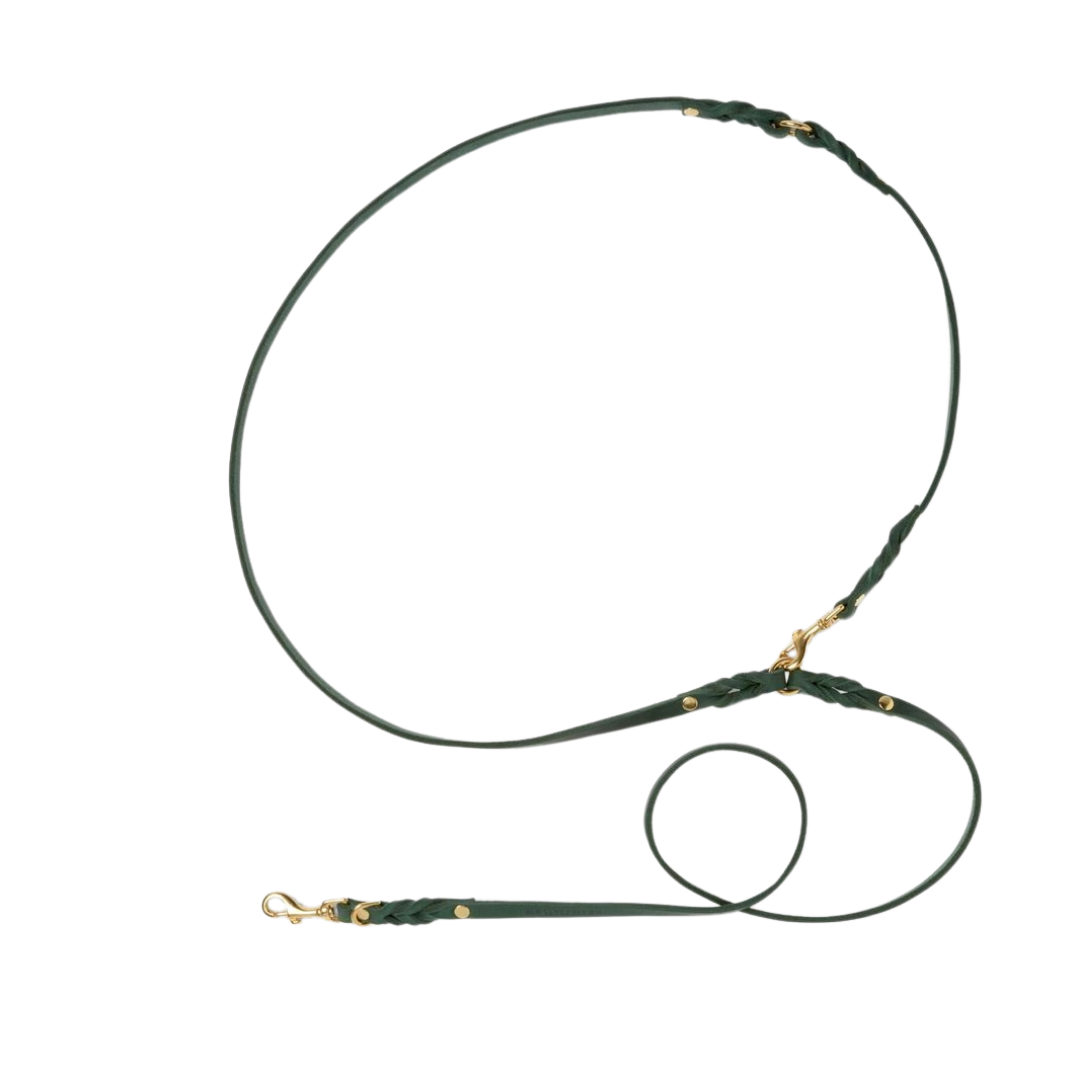 Luxurious Forest Green leather leash with solid brass hardware and elegant braided detailing