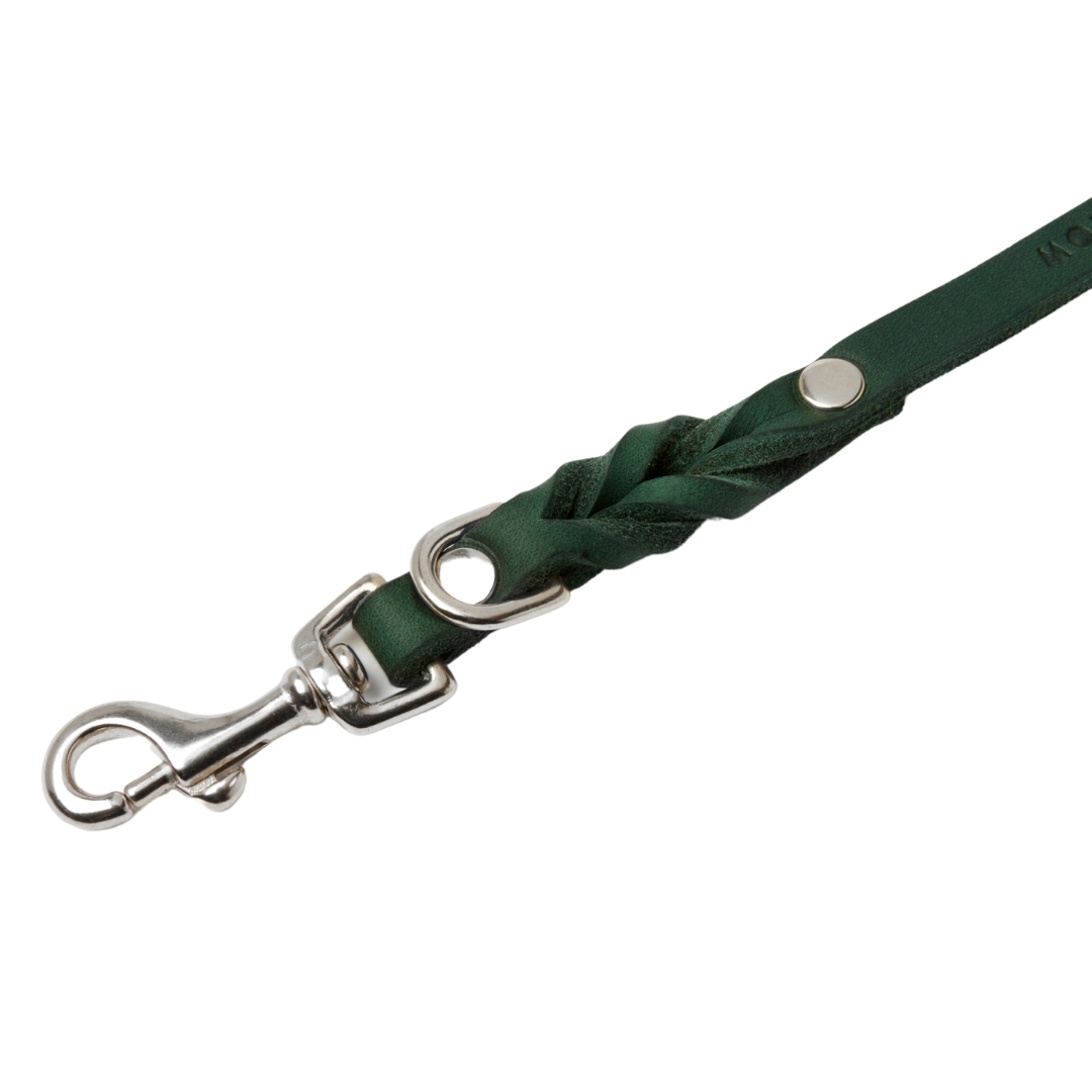 Luxurious Forest Green leather leash with solid silver hardware and elegant braided detailing