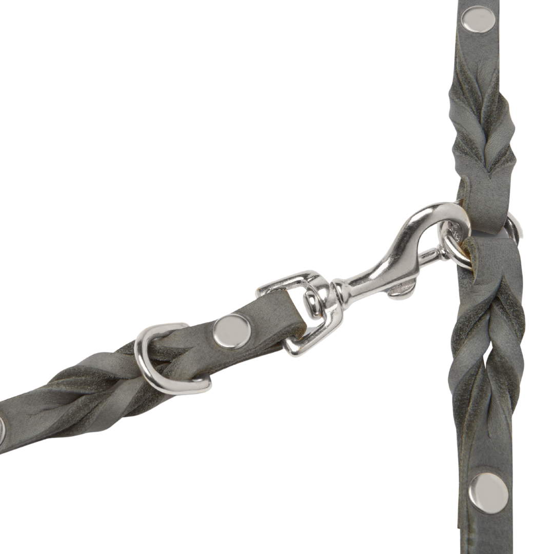 Grey leather handcrafted leash with adjustable length, solid steel clasps, and a clip-on handle