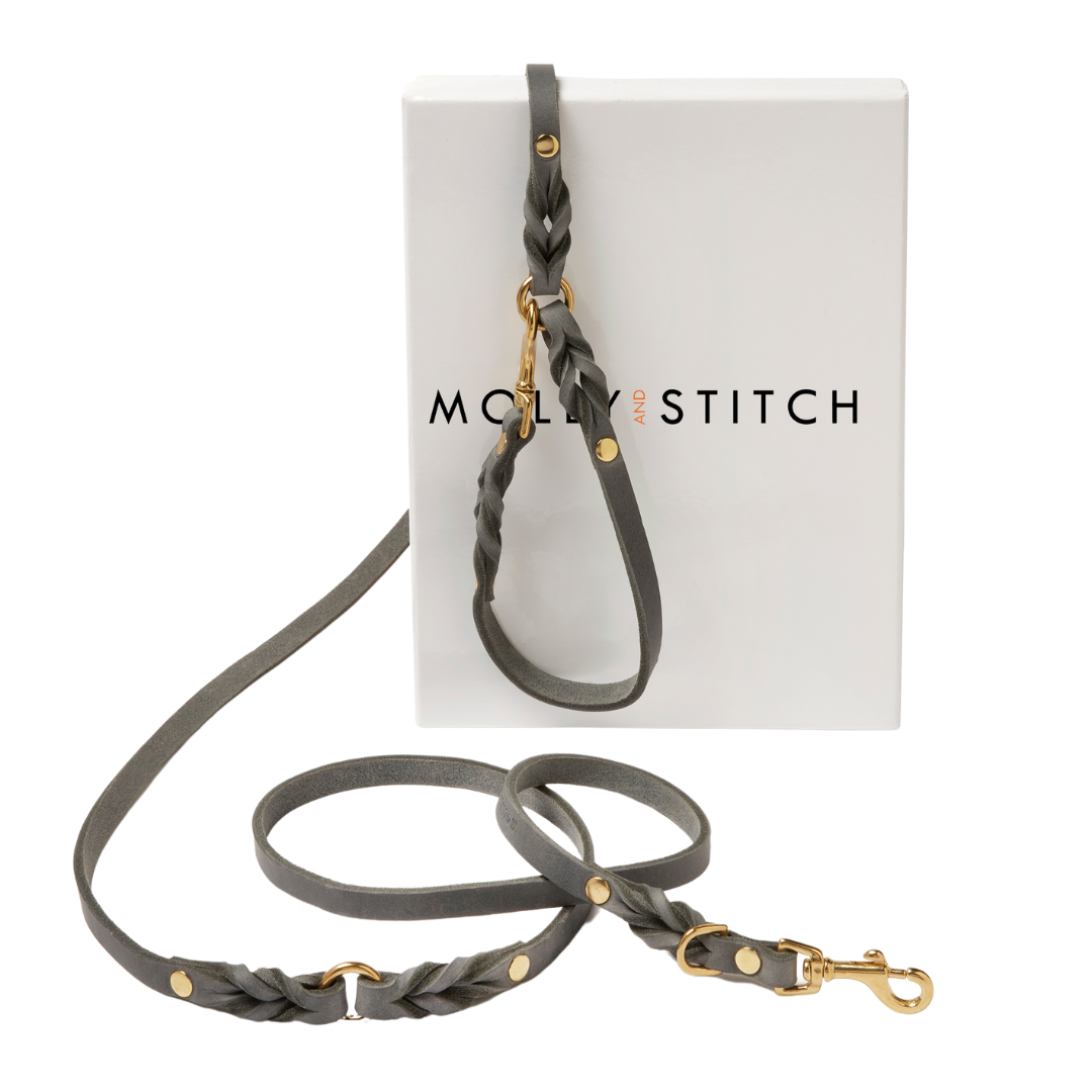 Grey leather handcrafted leash with adjustable length, solid steel clasps, and a clip-on handle