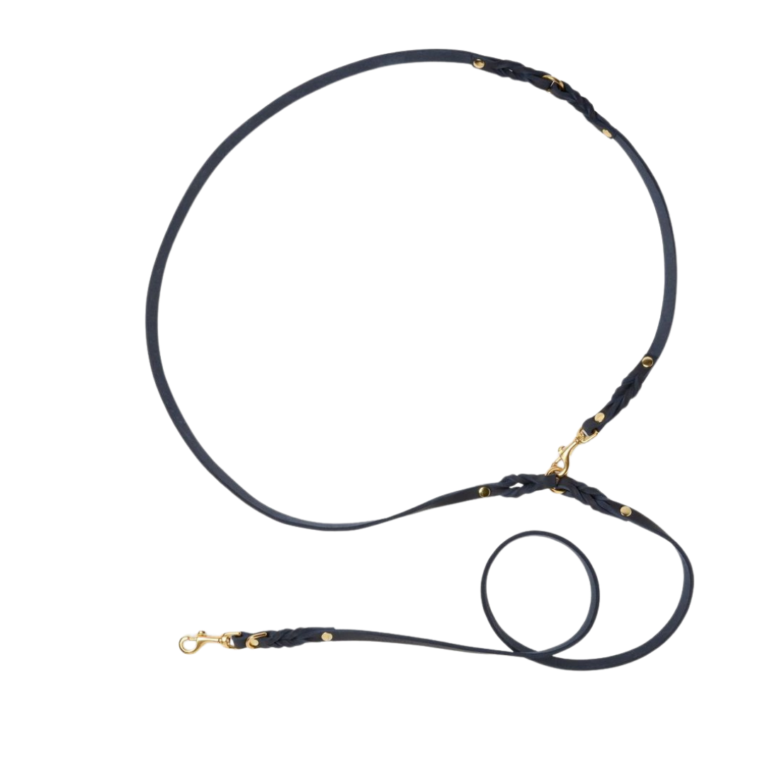 Navy blue color, elegant 6.5-foot dog leash made from genuine German leather and featuring brass hardware