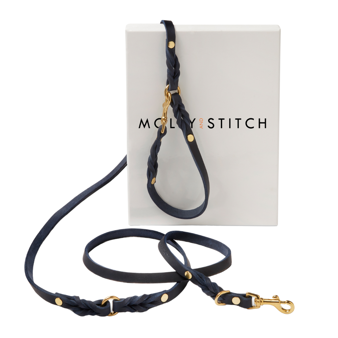 Navy blue color, elegant 6.5-foot dog leash made from genuine German leather and featuring brass hardware