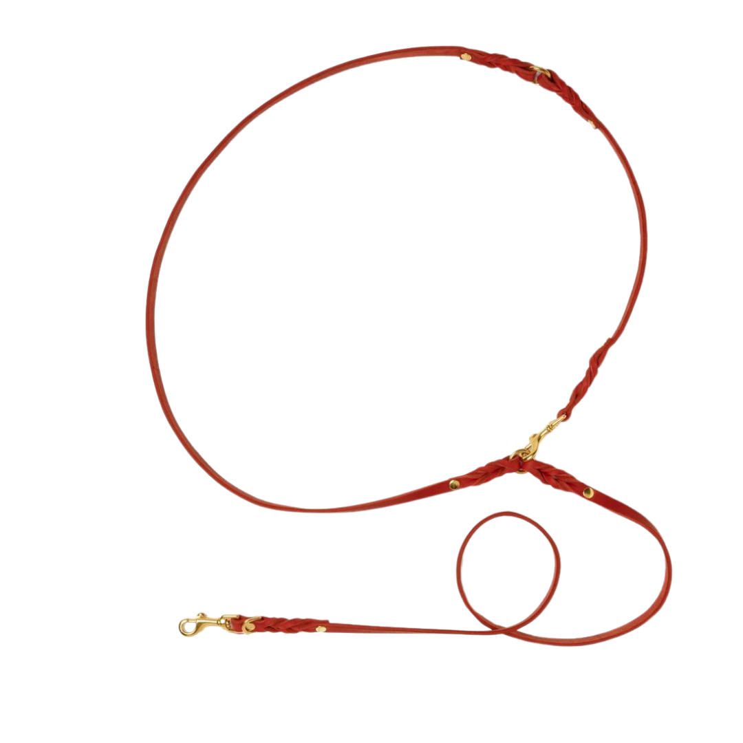 Luxurious German leather leash in Chili Red color with spring-loaded clasps and an adjustable handle