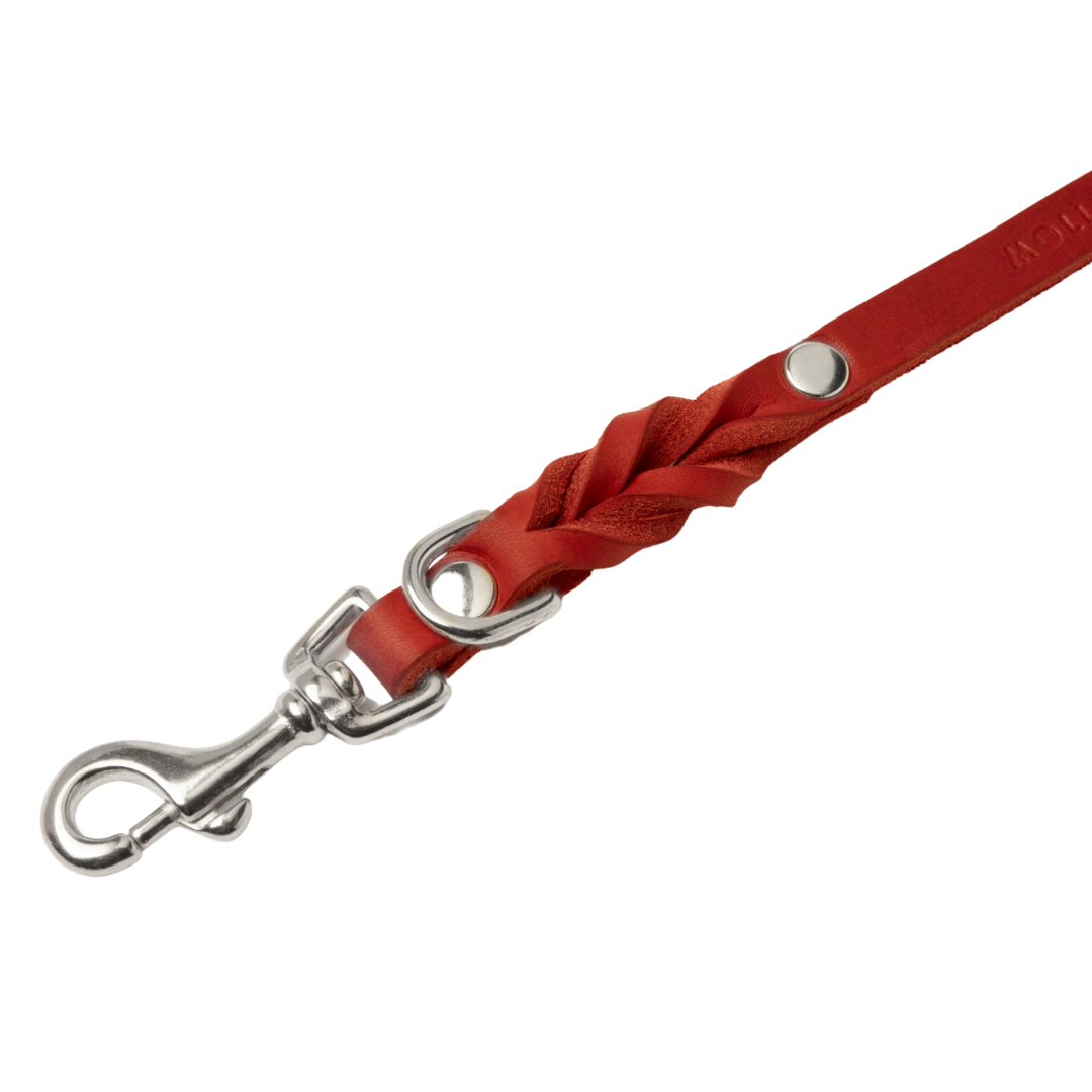 Luxurious German leather leash in Chili Red color with spring-loaded clasps and an adjustable handle