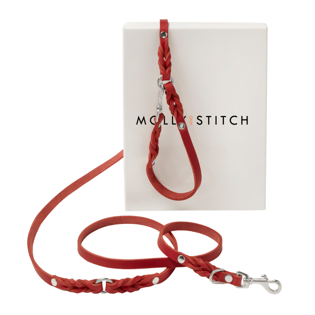 Luxurious German leather leash in Chili Red color with spring-loaded clasps and an adjustable handle