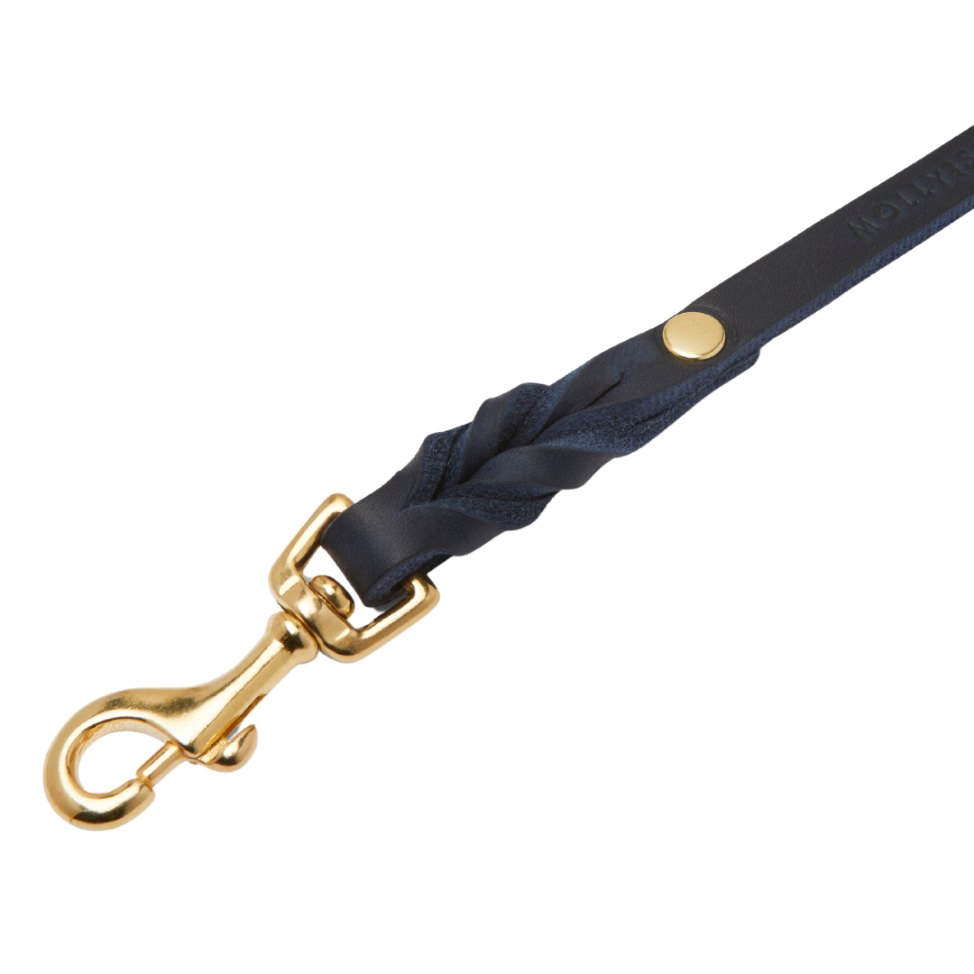 Navy blue color, elegant 6.5-foot dog leash made from genuine German leather and featuring brass hardware