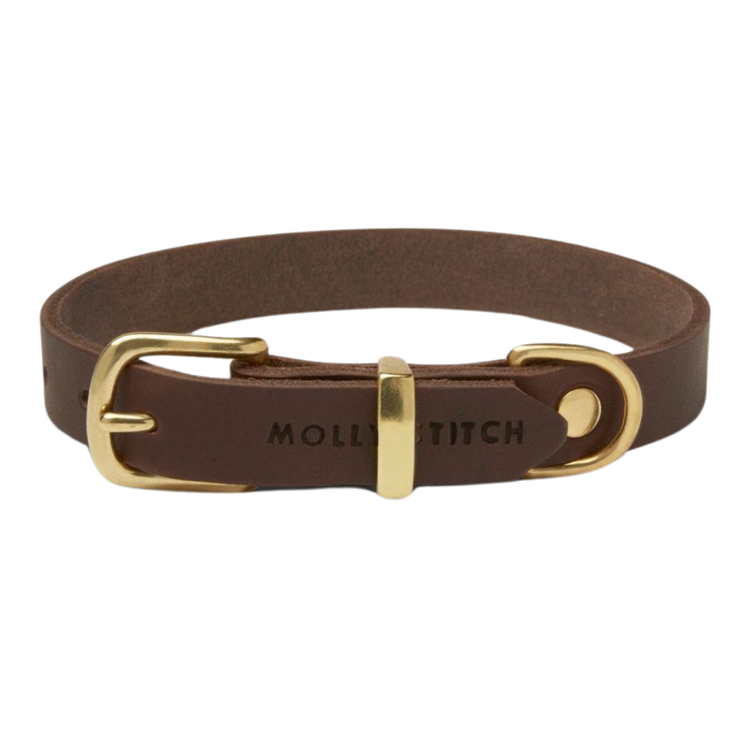 Minimalist leather dog collar with gleaming brass buckle and leash clip, handmade in Austria