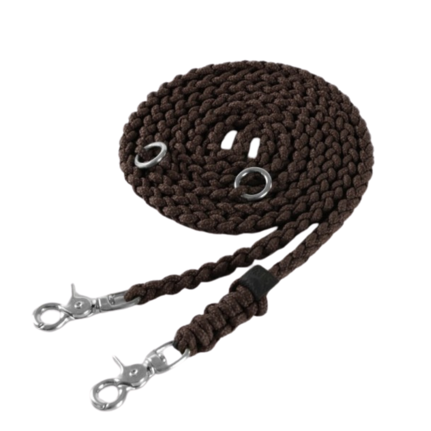 Handmade leather leash with spring-loaded steel clasps and braided detailing for durability