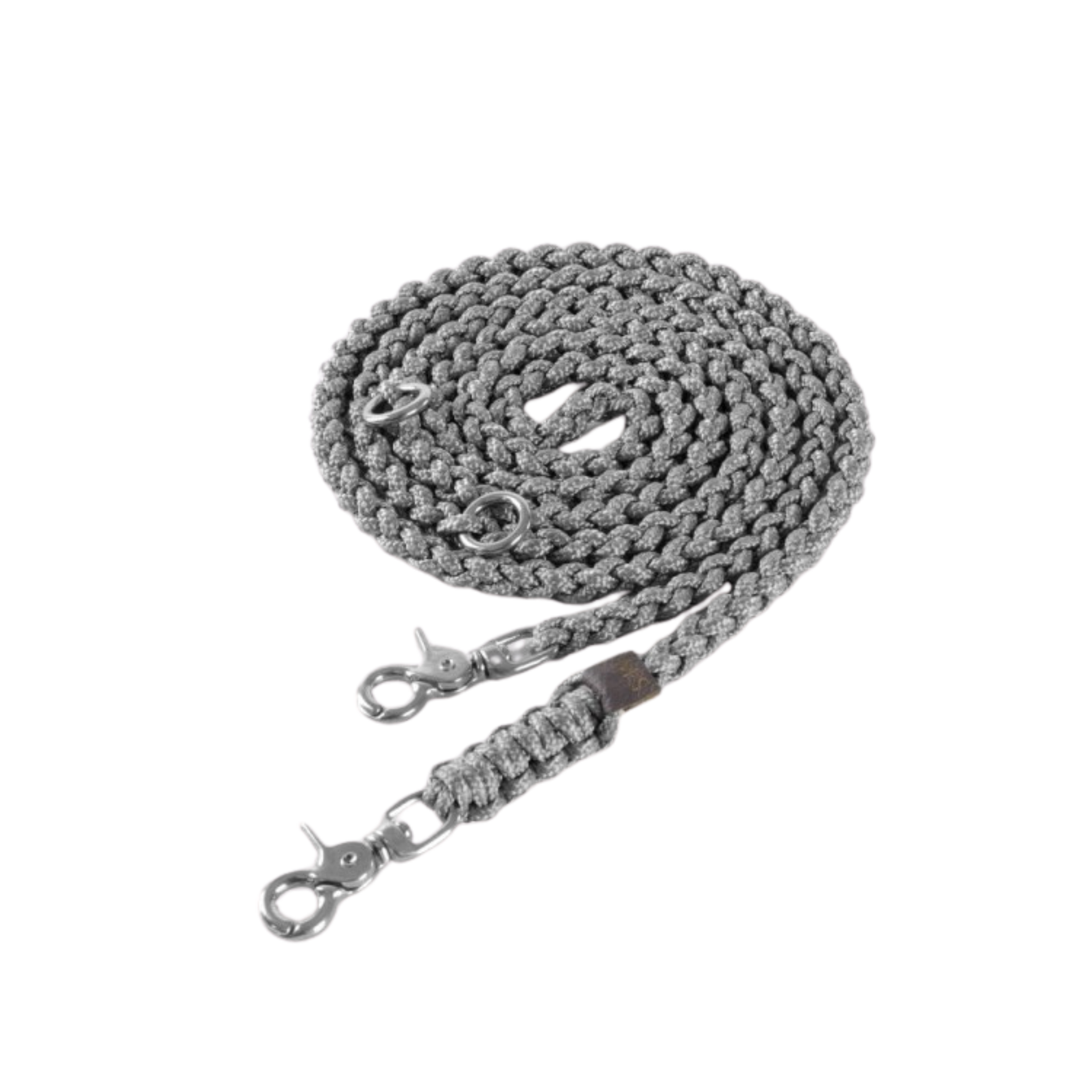 Handmade leather leash with spring-loaded steel clasps and braided detailing for durability