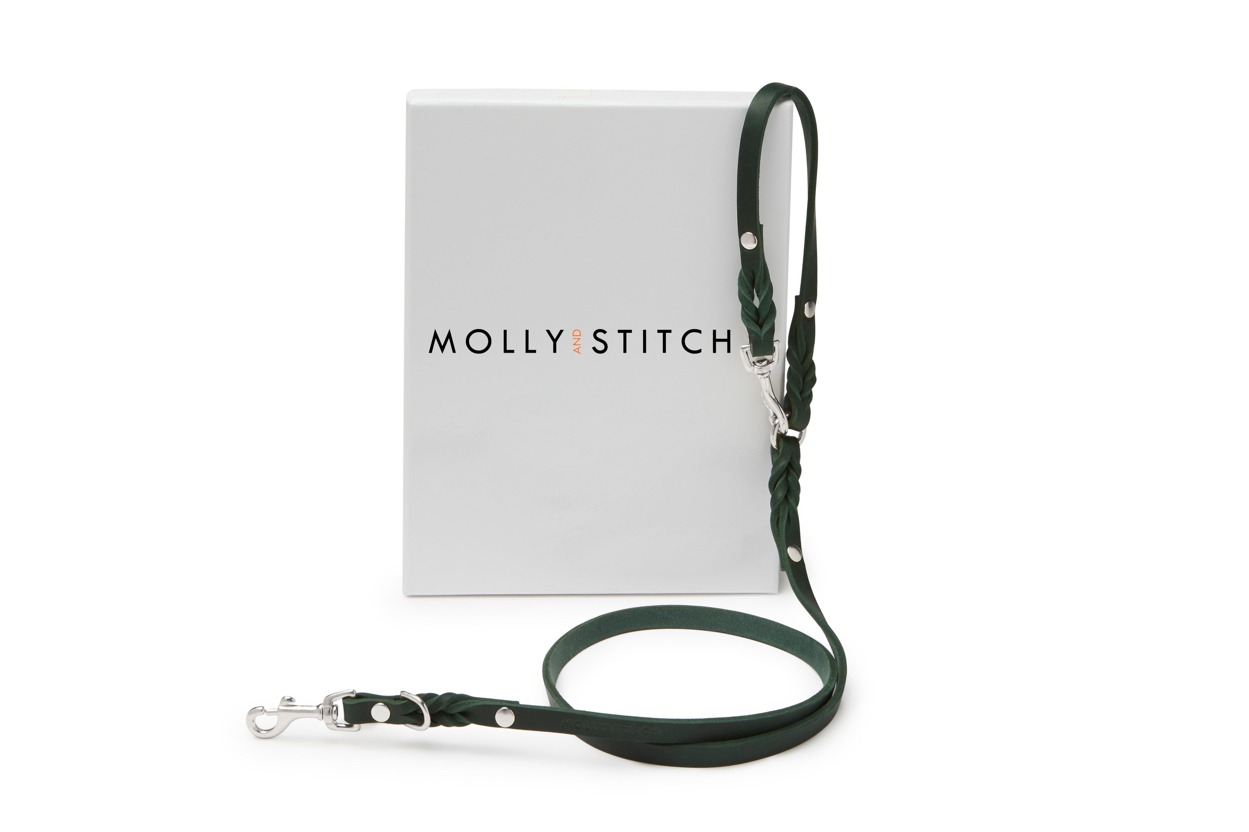 Forest Green leather leash with braided detailing and adjustable length, handmade in Austria.