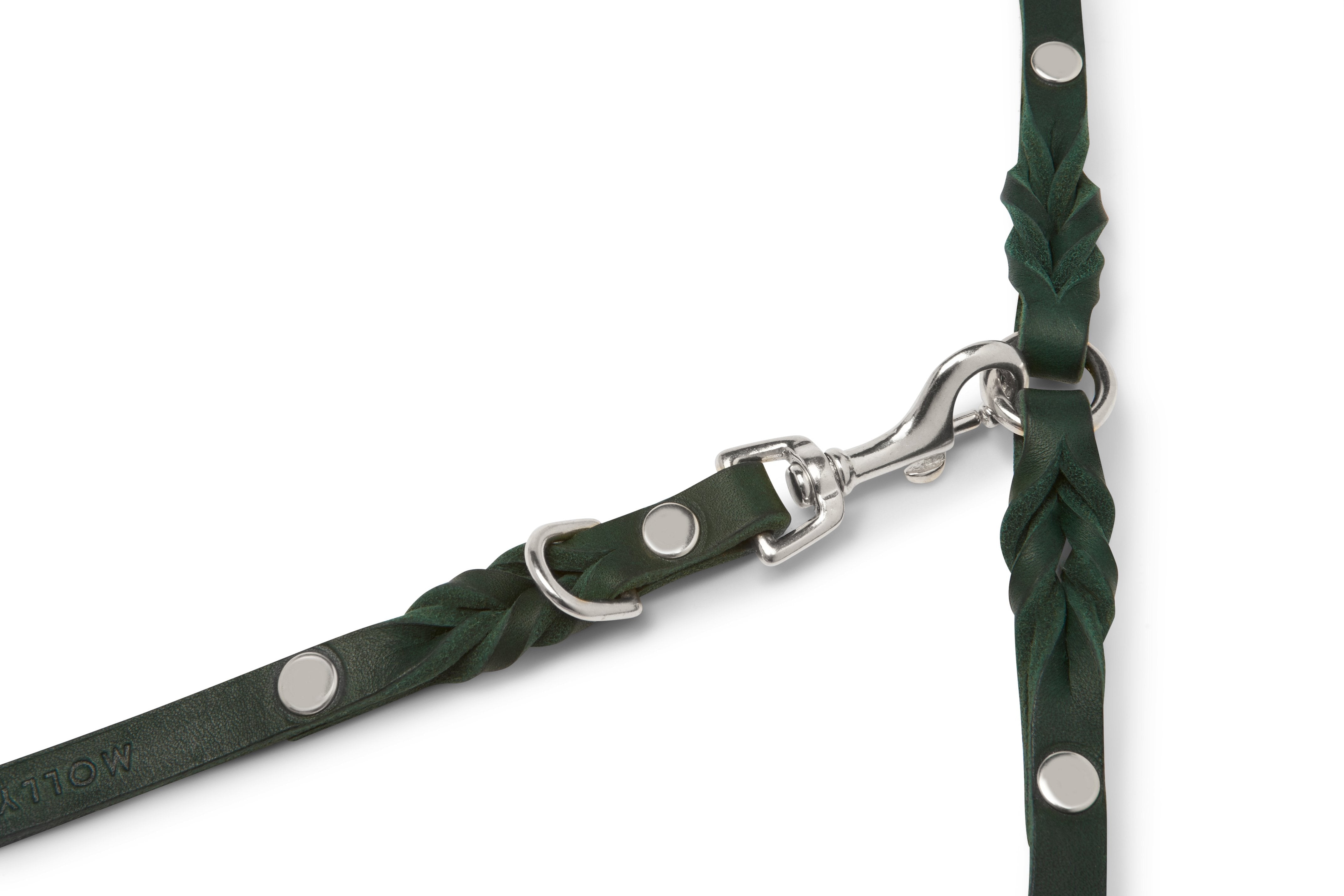 Forest Green leather leash with braided detailing and adjustable length, handmade in Austria.