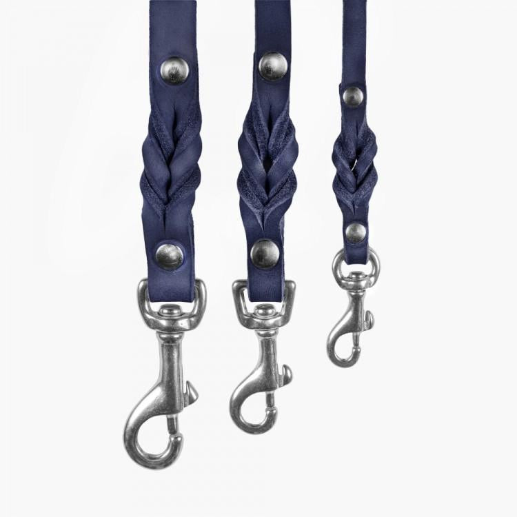 3x adjustable Luxurious German leather leash in Navy Blue color with steel clasps and a soft, adjustable handle